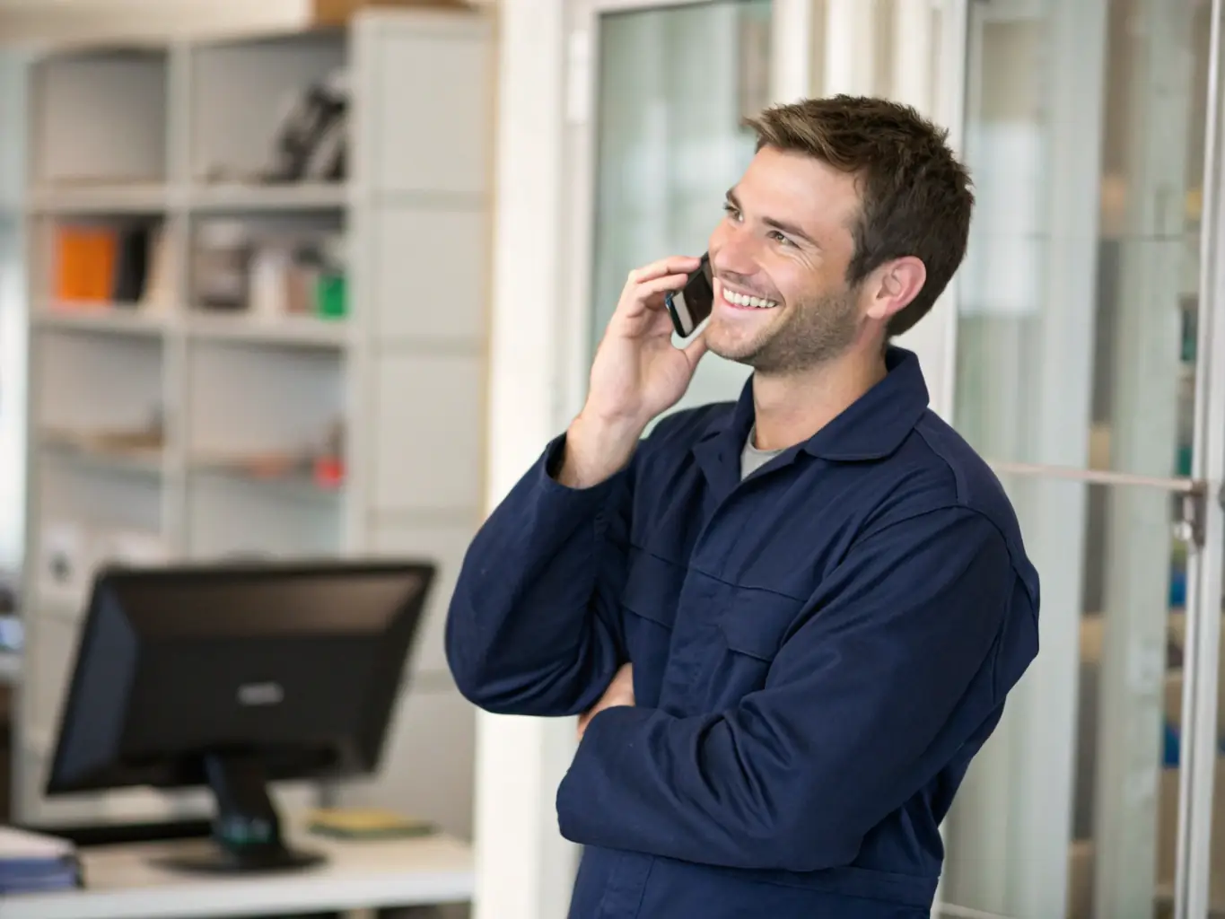 A handyman answering a phone with a friendly expression, with a blurred background of a well-organized office.
