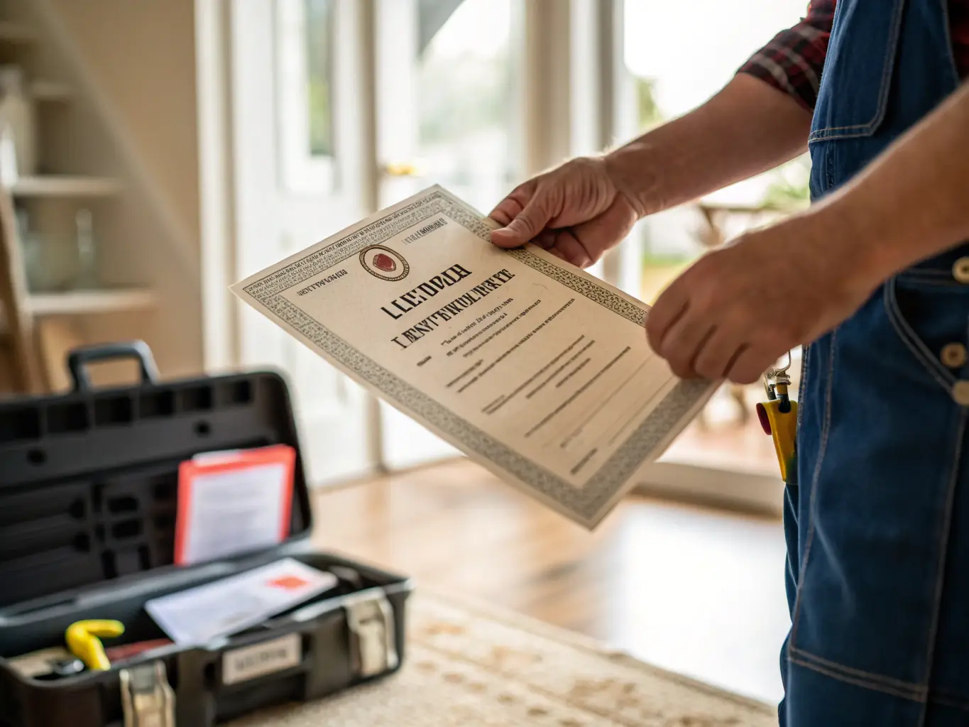 A close-up shot of a handyman's hand holding a license certificate, with a blurred background of a toolbox and home interior.