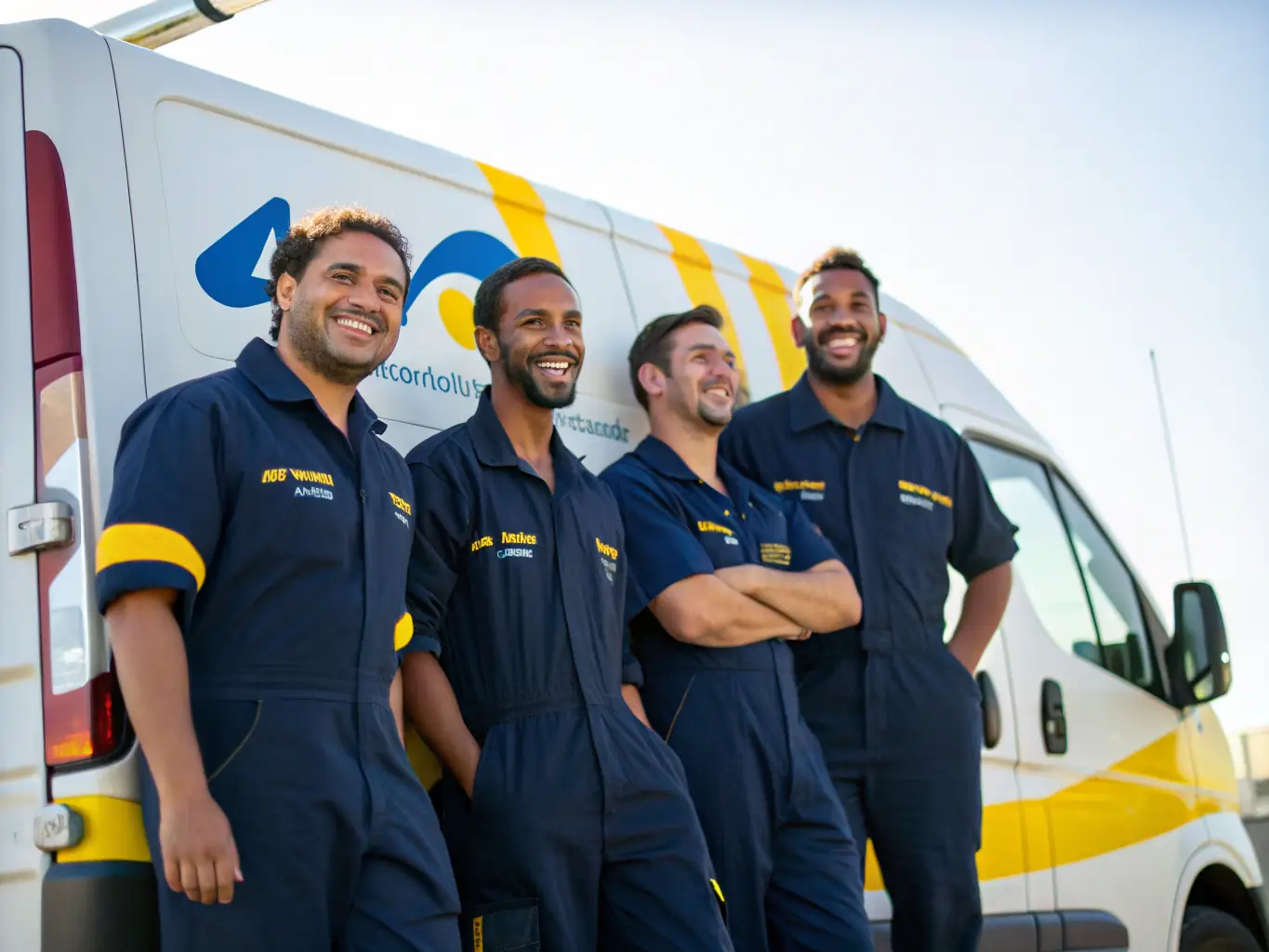 A team of handymen in matching uniforms standing in front of their service van, smiling and ready to work.