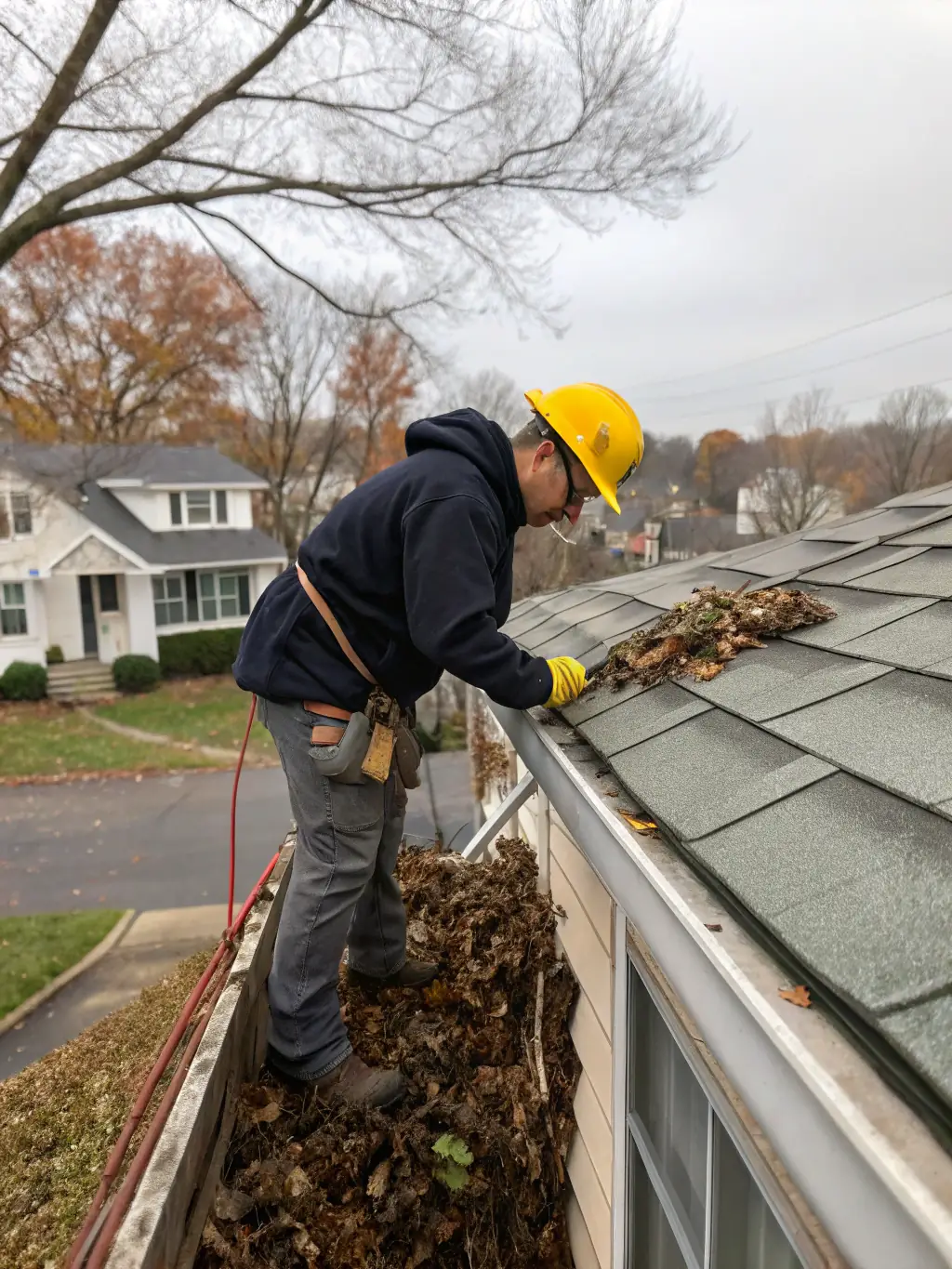 A handyman cleaning gutters on a house, highlighting exterior maintenance services.