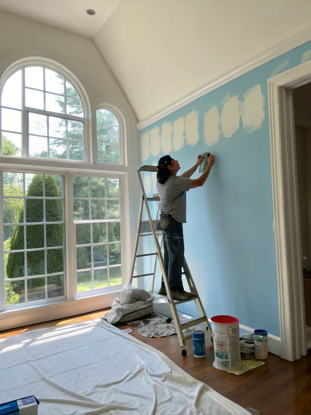 A handyman painting a wall in a living room, illustrating maintenance services.