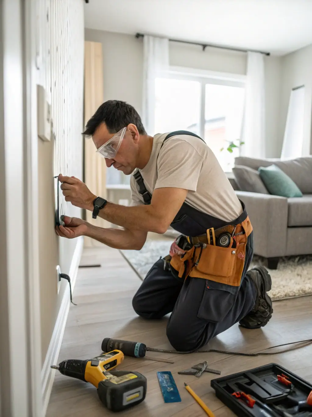 A handyman expertly repairing a drywall crack in a Brisbane home, showcasing attention to detail and quality workmanship.