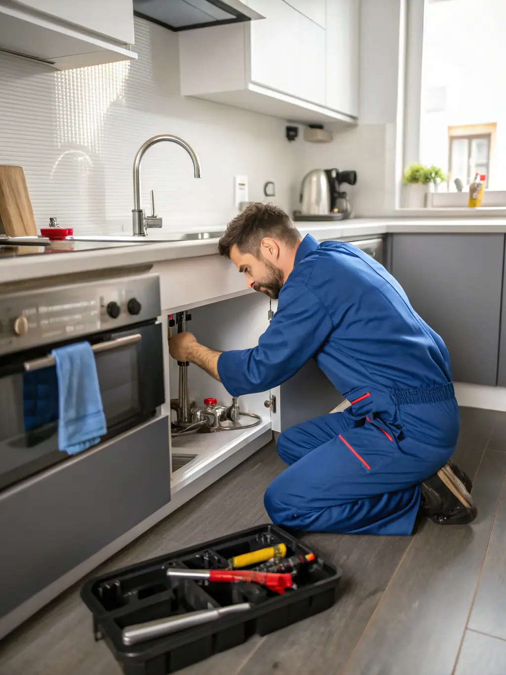 A plumber fixing a leaky faucet in a modern Brisbane kitchen, highlighting prompt and reliable plumbing solutions.