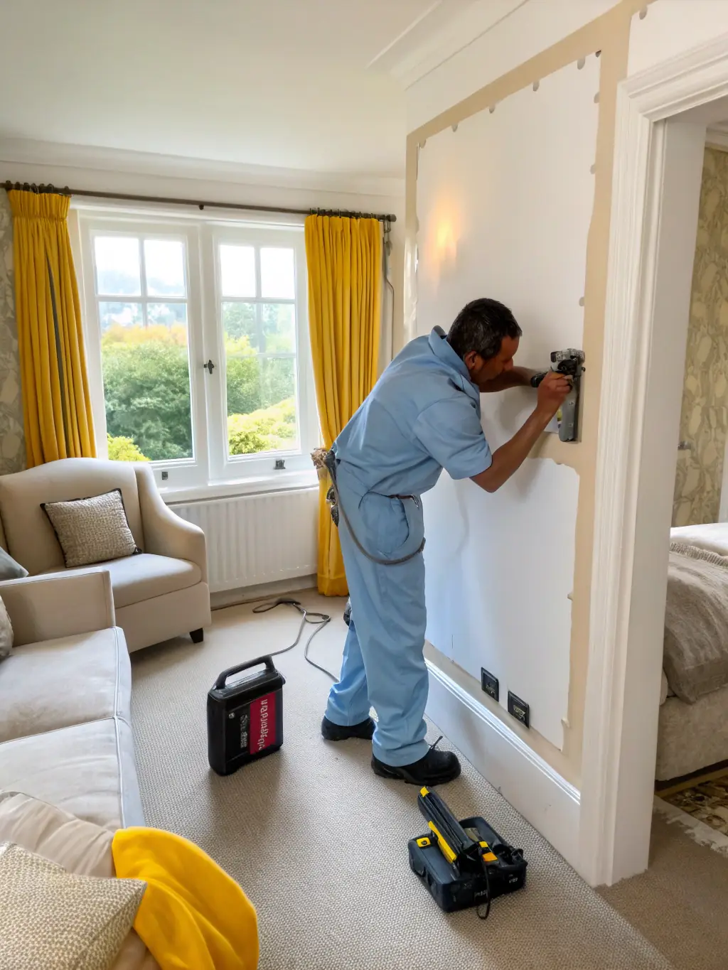 A handyman expertly repairing a damaged drywall in a Northern NSW home, showcasing attention to detail and quality workmanship.