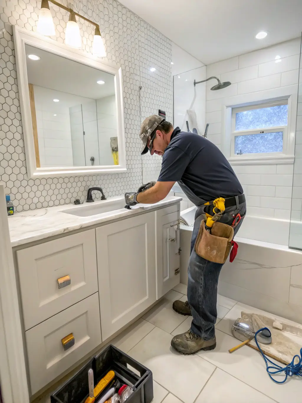 A handyman installing new kitchen cabinets in a Brisbane home, demonstrating our renovation and upgrade capabilities.