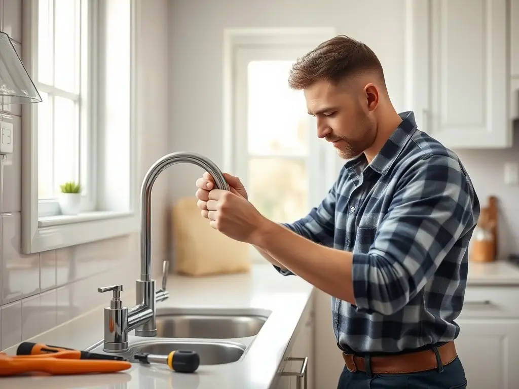 A handyman repairing a kitchen sink with various tools laid out, showcasing general home repair services.