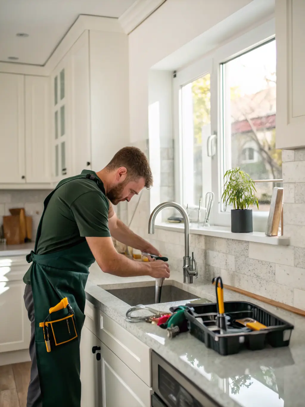 A handyman fixing a leaky faucet in a bathroom, emphasizing prompt and reliable plumbing repairs in Northern NSW.