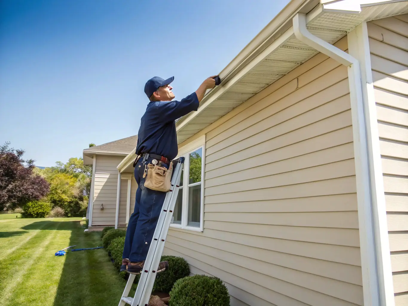 A handyman cleaning gutters on a sunny day, illustrating home maintenance services.