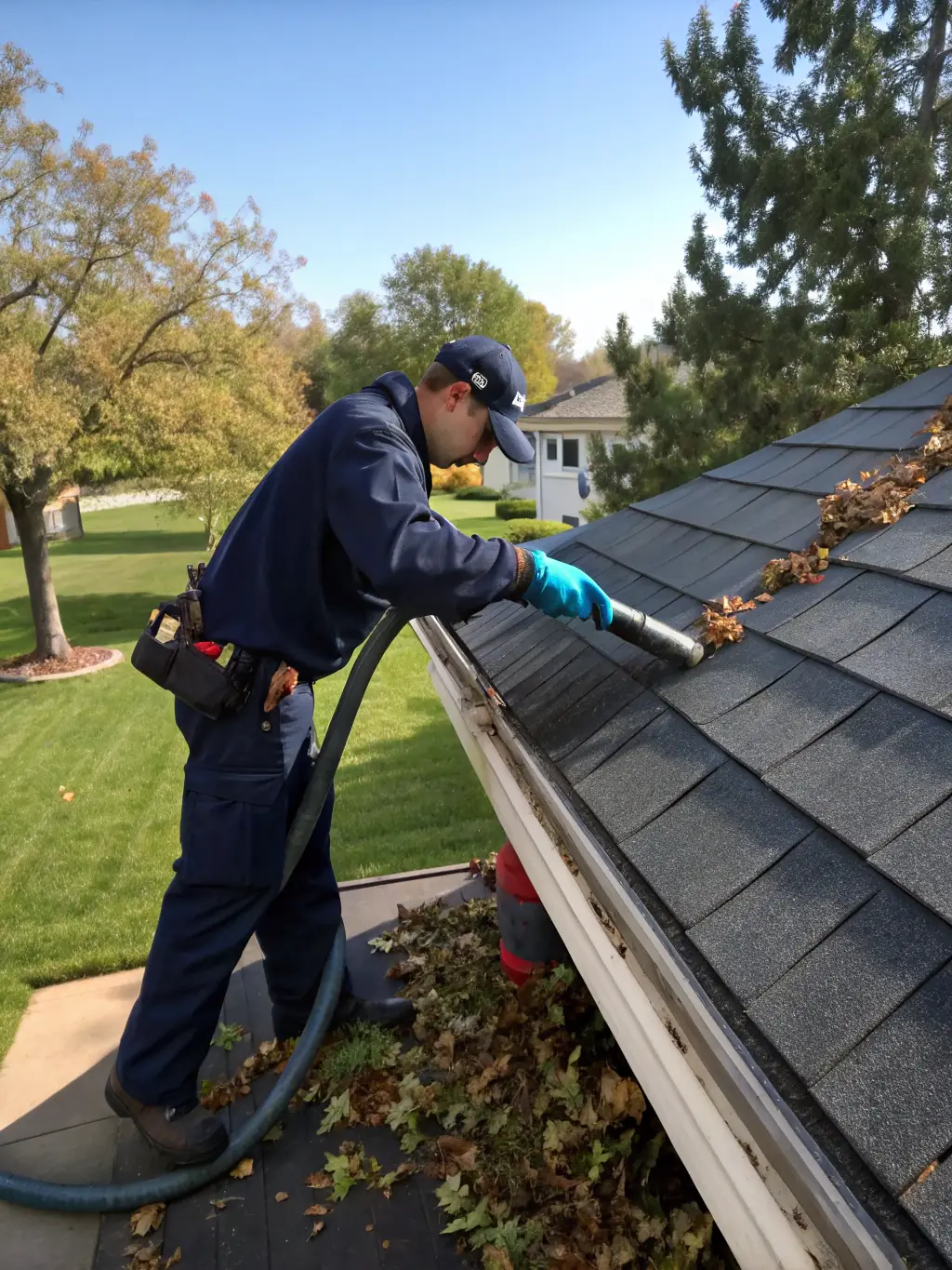 A handyman cleaning gutters on a sunny Brisbane home, emphasizing the importance of regular maintenance.