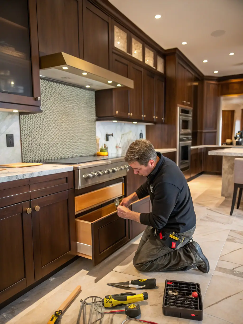 A handyman installing new kitchen cabinets in a modern Northern NSW home, highlighting the transformation and functionality.